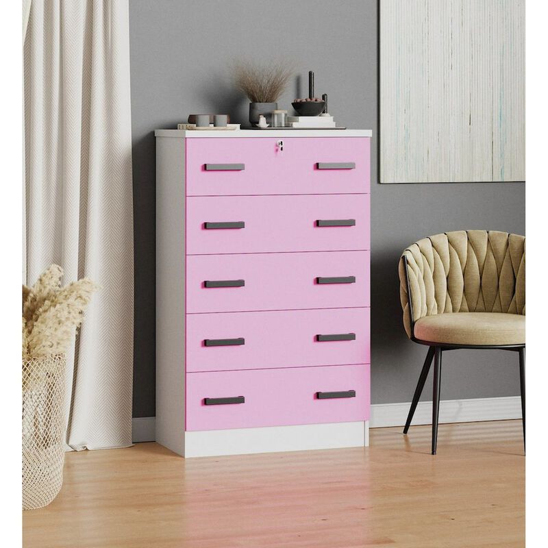 5 Drawer Chest Wooden Dresser with Lock in Multi Color