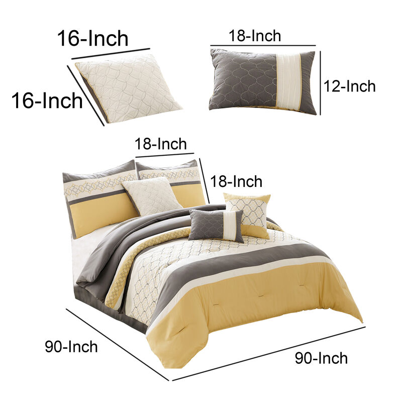 Quatrefoil Print Queen Size 7 Piece Fabric Comforter Set, Yellow and Gray - Benzara
