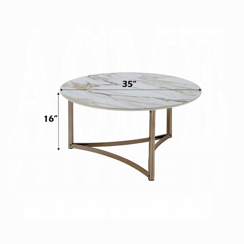 Acor Coffee Table, 35 Inch, Round Sintered Stone Top, White and Gold