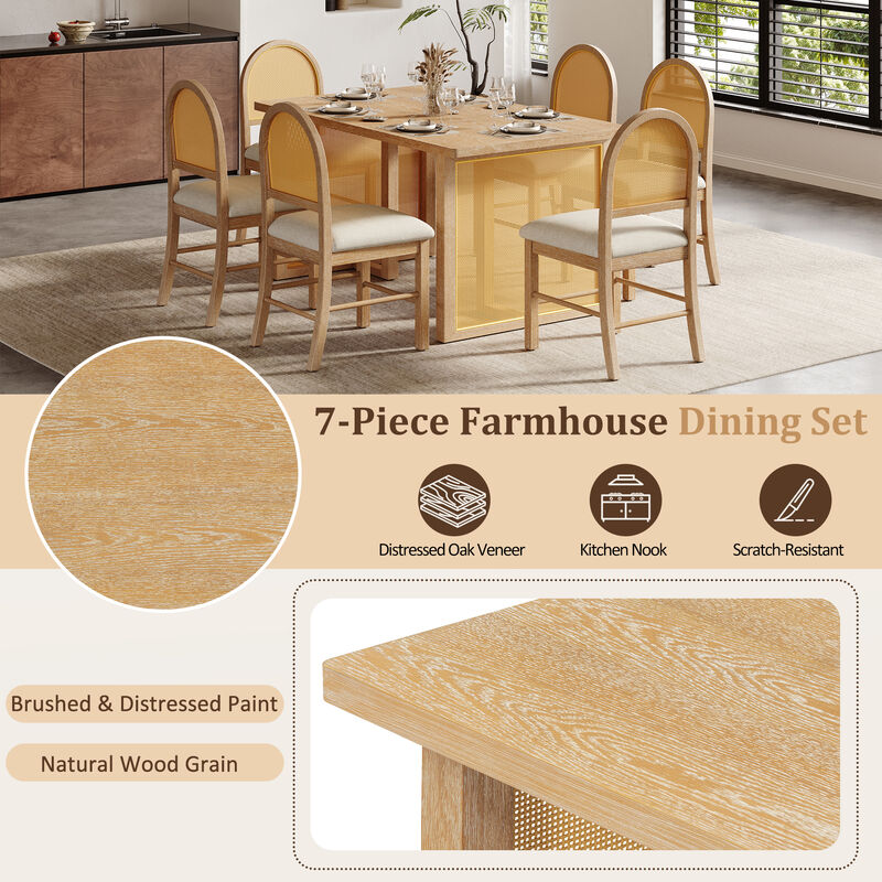 Merax 7-Piece Farmhouse Dining Set with Rattan Chairs