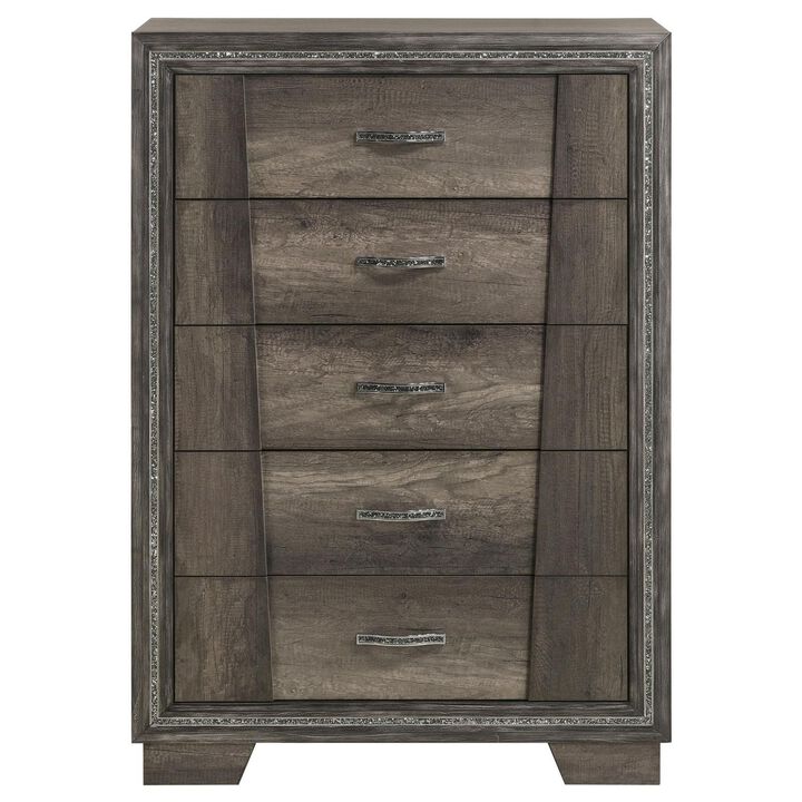 Benjara Janie 51 Inch Tall Dresser Chest with 5 Drawers, Felt Lining, Pine, Gray Brown