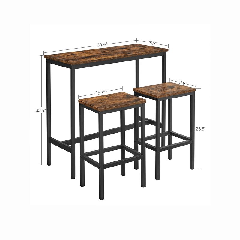 BreeBe Industrial Brown Bar Table with 2 Stools