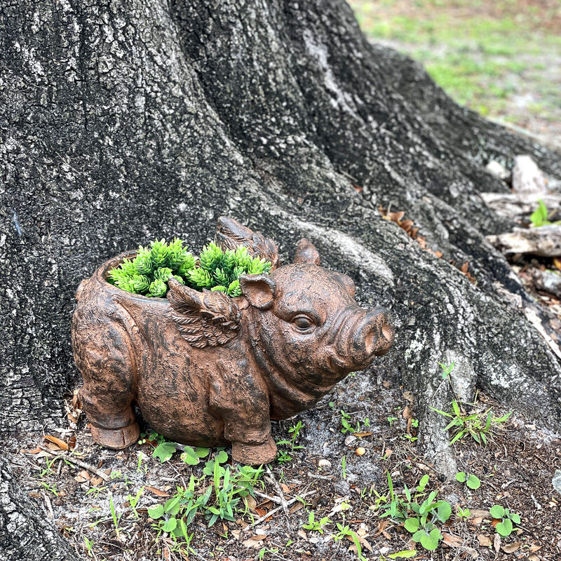 Flying Pig Planter 17" Brown, With Drain Hole, Rustic Indoor Outdoor Decor image number 7