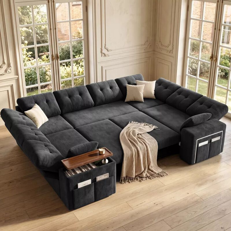 Vipbear 112" U-Shaped 8-Seat Modular Chenille Sectional Sleeper Sofa, Pull Out Bed Reclining Couch image number 8