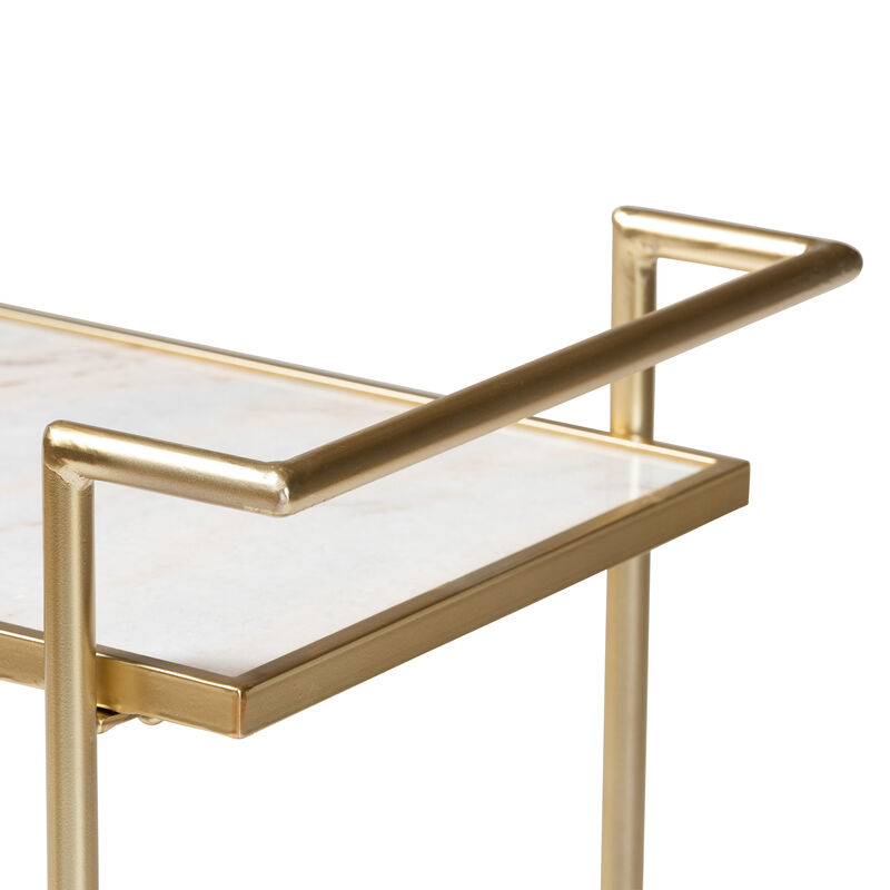 Baxton Studio Louise Contemporary Glam and Luxe Gold Metal and White Marble 2 Tier Wine Cart image number 4