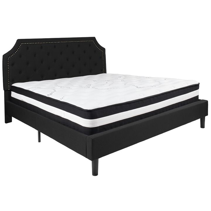 Brighton King Size Tufted Upholstered Platform Bed in Black Fabric with Pocket Spring Mattress