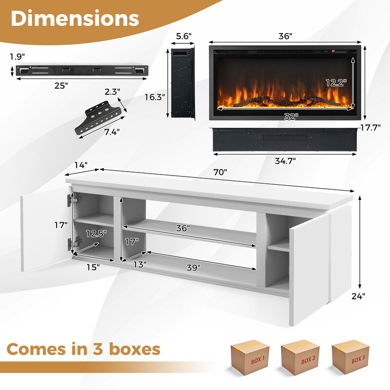 Large Fireplace TV Stand for 80 Inch TVs with 3 Adjustable Storage Shelves-White image number 2