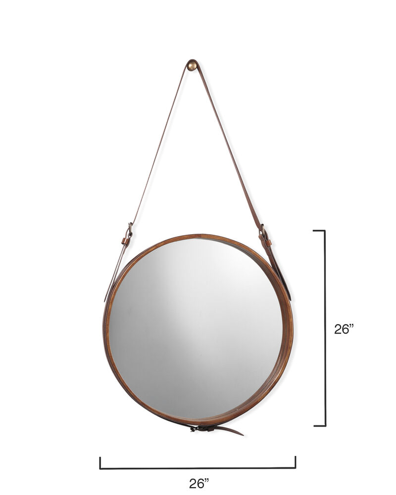 Large Round Steel Mirror, Brown Leather