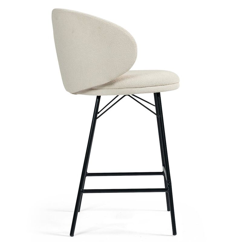 Glamour Home Set of 2 Baxter White Boucle Fabric Counter Stool with Black Iron Legs