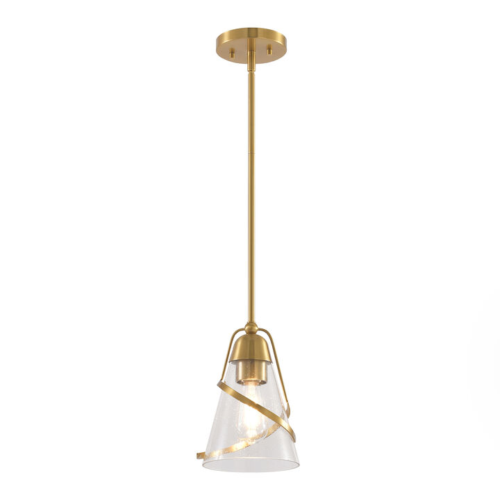7 in. 1-Light Modern Brass Chandelier with Seeded Glass Shade