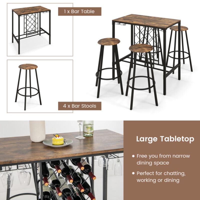 Hivvago 5 Pieces Bar Table and Stools Set with Wine Rack and Glass Holder-Rustic Brown