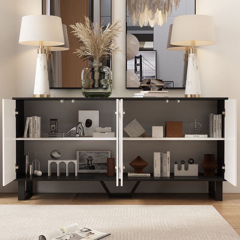 White Modern Wood Accent Storage Cabinet Credenza With Pop-up Doors and ...