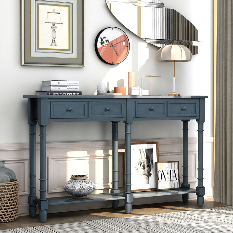 Console Table Sofa Table Easy Assembly with Two Storage Drawers and Bottom Shelf for Living Room, Entryway (Navy)