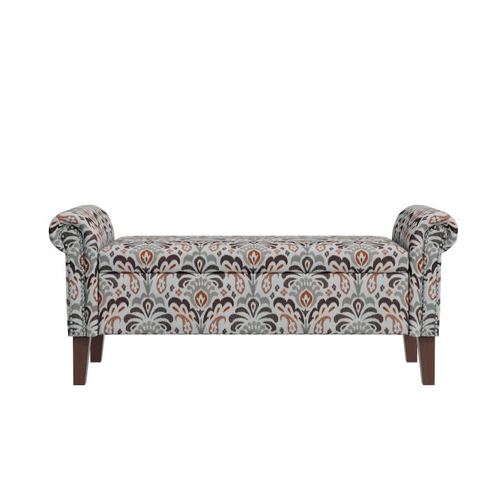 HL Home Furnishings Rolled Arm Storage Ottoman in Amber and Gray Damask