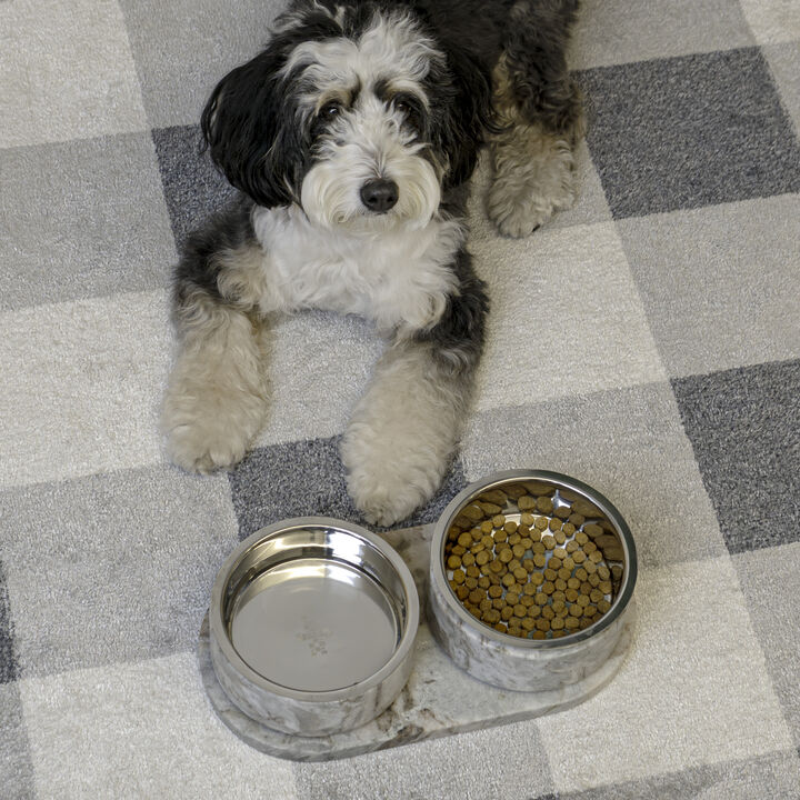 Marbre Modern Weighted Double Marble and Stainless Steel Bowl 12oz (1.5 Cups) Feeder with Non-Slip Marble Tray Set