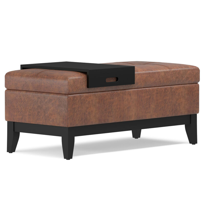 HomeRoots 42" Black and Dark Brown Tufted Faux Leather and Solid Wood Upholstered Storage Bench With Tray image number 4