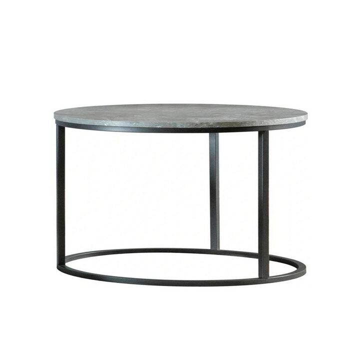 35 Inch 2 Piece Nesting Coffee Table Set, Round Gray Faux Marble Tabletop-Benzara