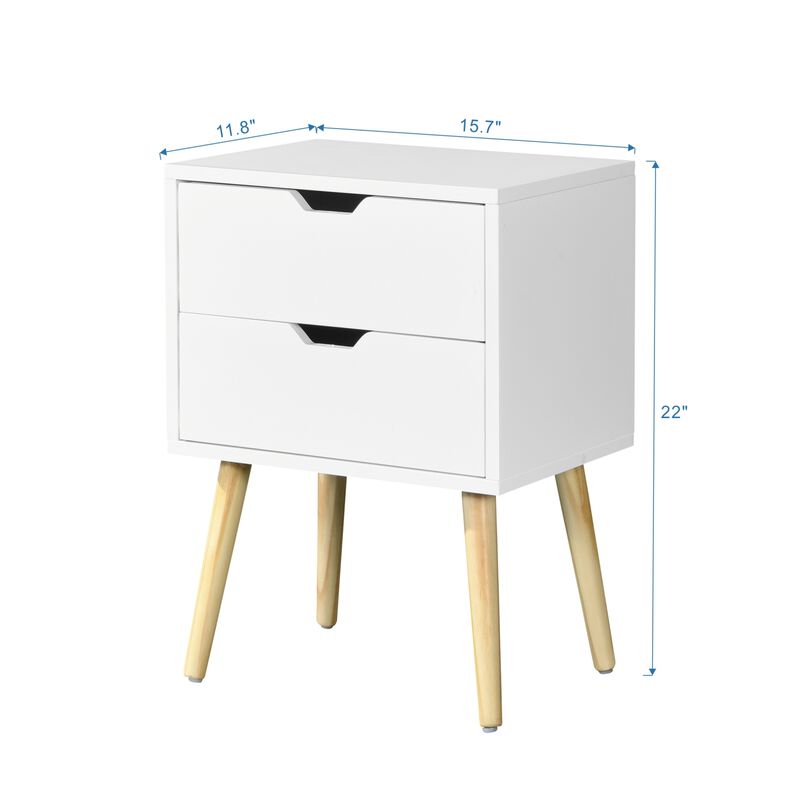 Side Table with 2 Drawer and Rubber Wood Legs, Mid-Century Modern Storage Cabinet for Bedroom Living Room Furniture, White image number 6