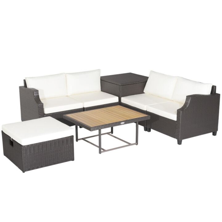 Hivvago 7 Pieces Hand-Woven Wicker Outdoor Furniture Set with Acacia Wood Coffee Table-White
