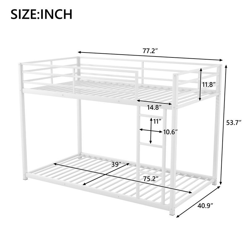 Whisen Twin over Twin Metal Bunk Bed, Low Bunk Bed with Ladder