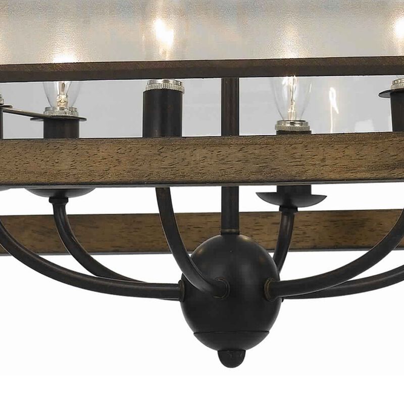 6 Bulb Square Chandelier with Wooden Frame and Organza Striped Shade, Brown - Benzara