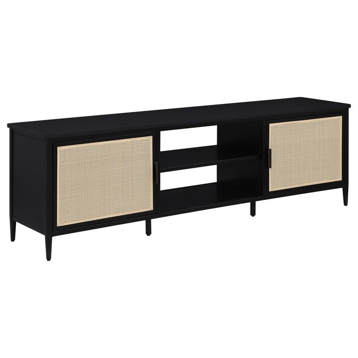 Lanie TV Stand Media Cabinet with 2 Door, PE Cane Front, Black Metal - Benzara