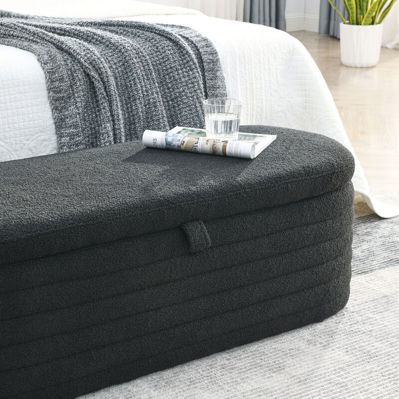 Length 45.5 inchesStorage Ottoman Bench Upholstered Fabric Storage Bench End of Bed Stool with Safety Hinge for Bedroom, Living Room, Entryway, Black teddy.