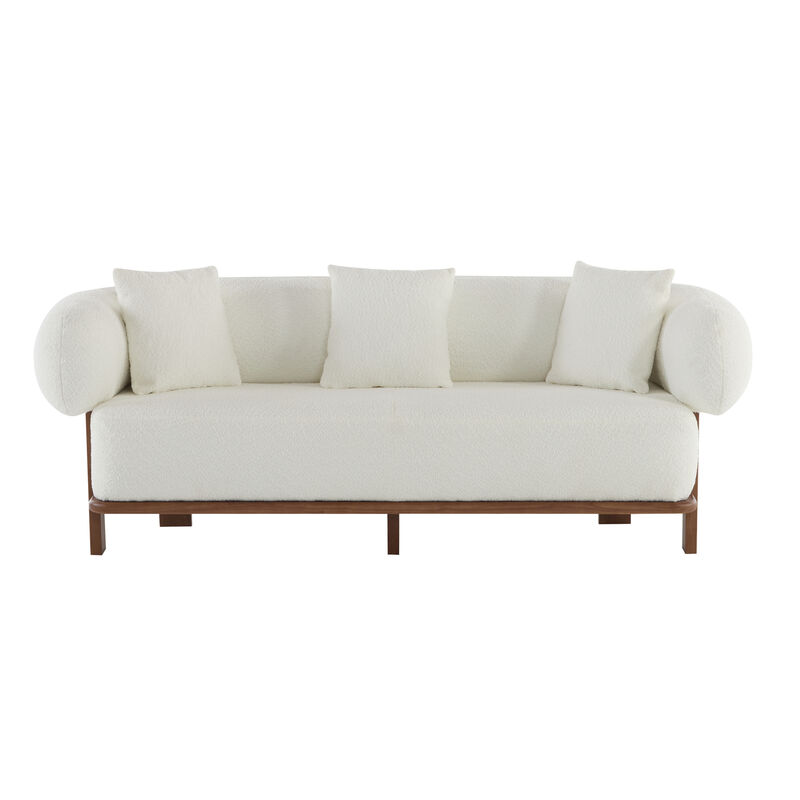 Christopher Knight Home Tadg 82" Rubberwood Boucle Upholstered 3 Seater Curved Sofa with 3 Pillows and Round Arm