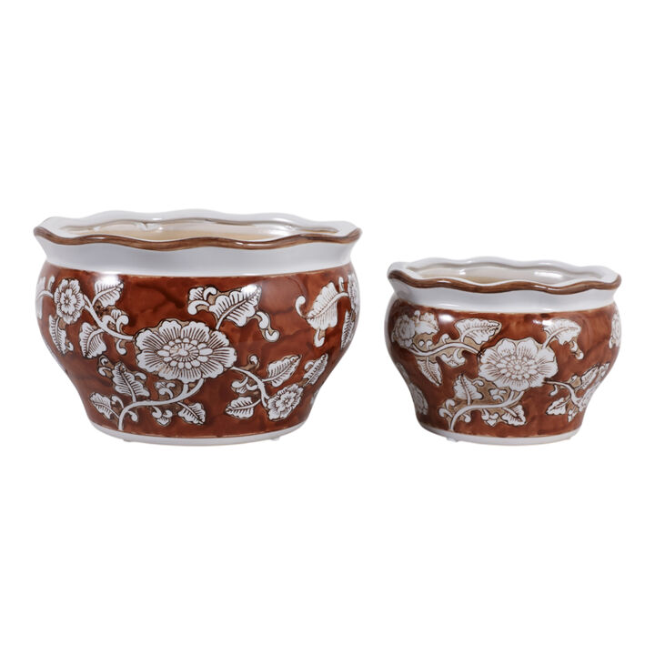 Cer, S/2 6/8" Round Chinoisere Planters, Brown
