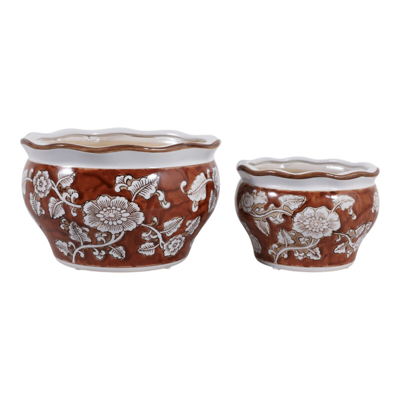 Cer, S/2 6/8" Round Chinoisere Planters, Brown image number 0