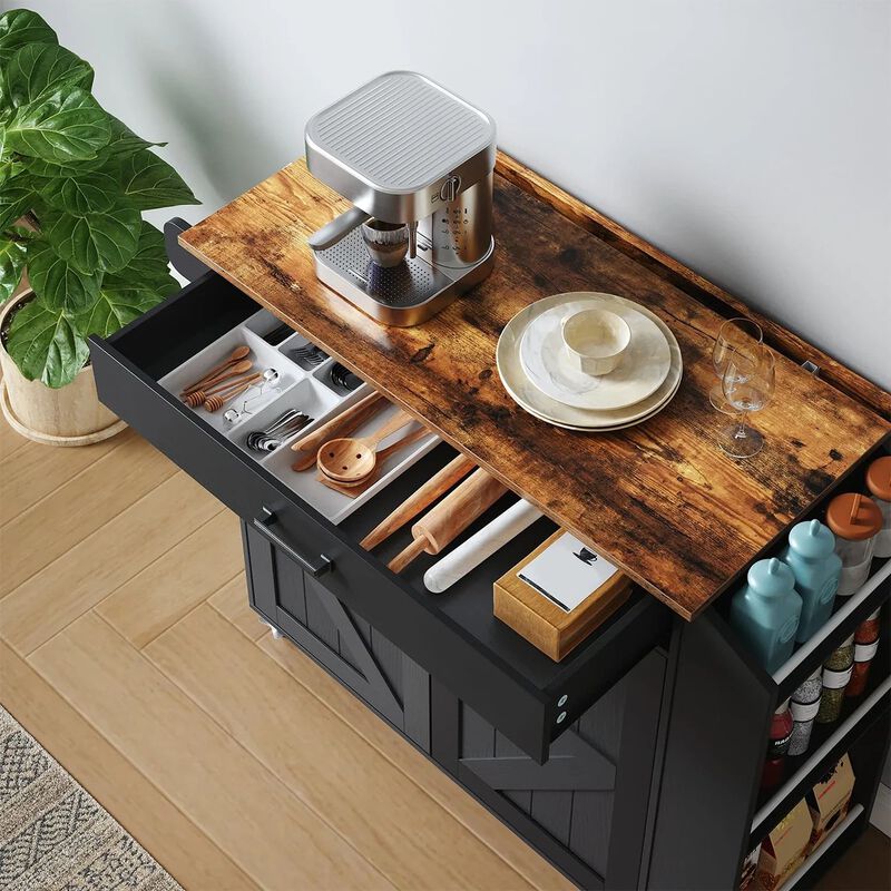 Rolling Kitchen Island with Drop Leaf Tabletop and Power Outlet Station- Black image number 7