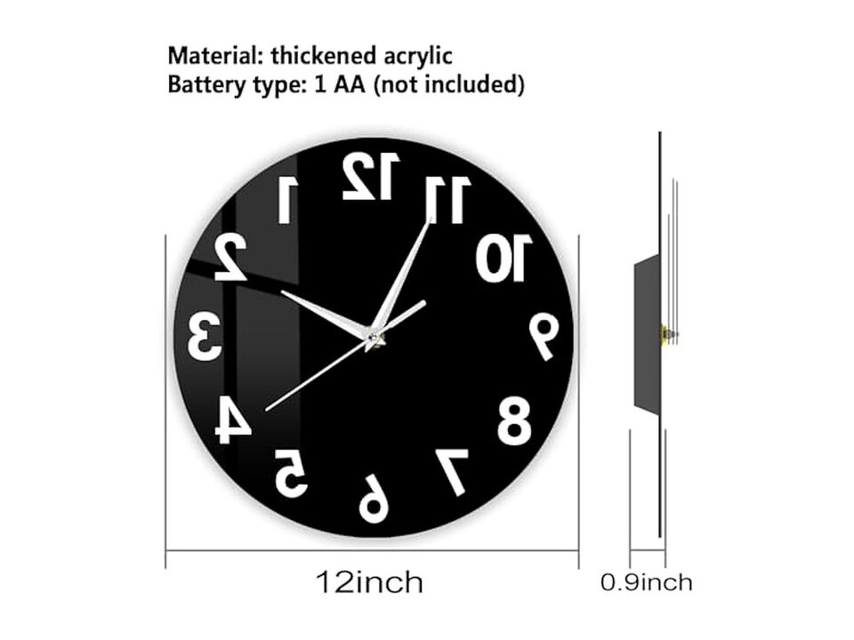 Reverse Unusual Backwards Watch Excellent Wall Clock 12 Inch Modern Home Decor
