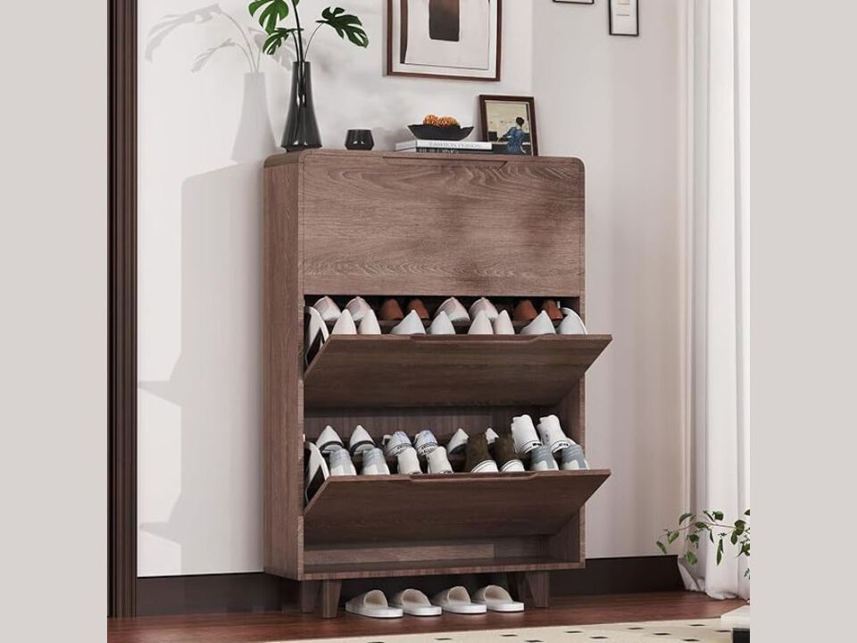 Entryway Wood Shoe Storage Cabinet Flip Drawer Space Saving Walnut