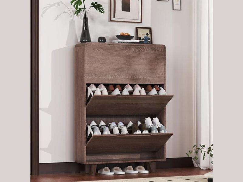 Entryway Wood Shoe Storage Cabinet Flip Drawer Space Saving Walnut image number 1