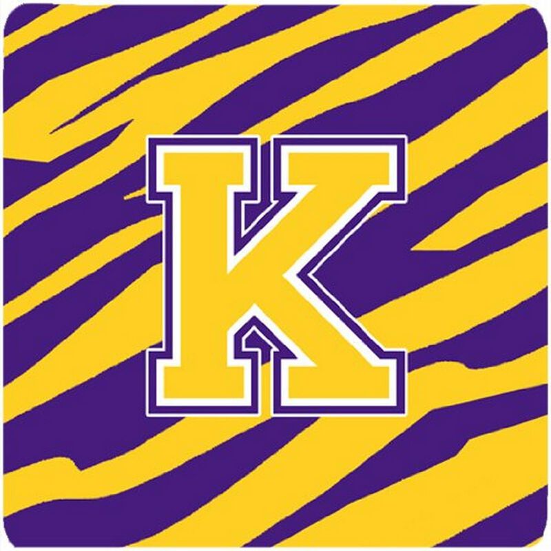 Caroline's Treasures CJ1022-KFC Monogram-Initial K Tiger Stripe-Purple Gold Foam Coasters (Set of 4), 3.5 H x 3.5 W, Multicolor