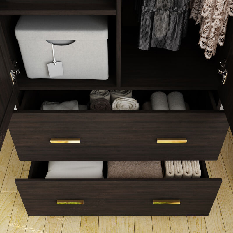 Armoire Wardrobe with Mirror & 2 Drawers, 2-Door Wardrobe with Shelves & Hanging Rod, Gold Metal Handles, for Cloakroom (31.5&rdquo;W x 18.9&rdquo;D x 72&rdquo;H)
