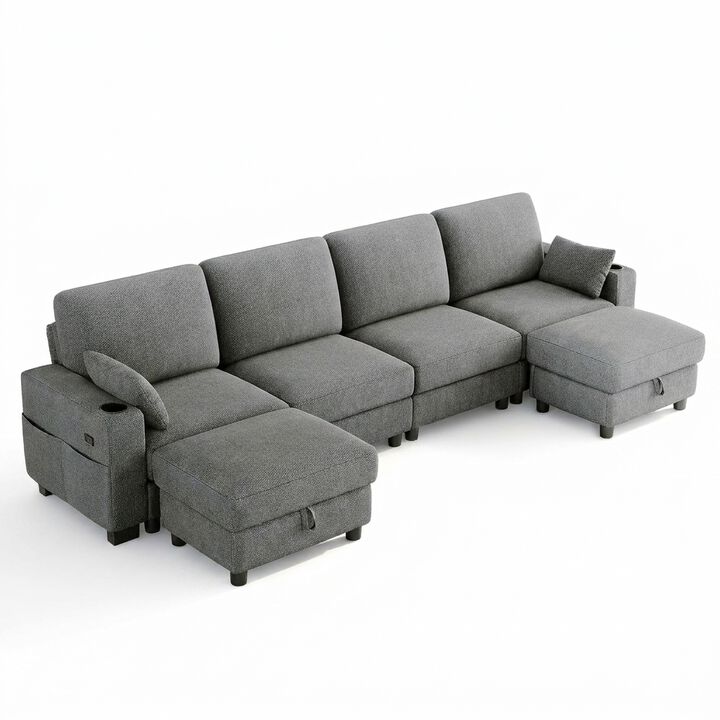 Vipbear 128" Modular Sectional Sofa, Chenille U Shaped Cloud Couch with Ottoman Adjustable Backrest