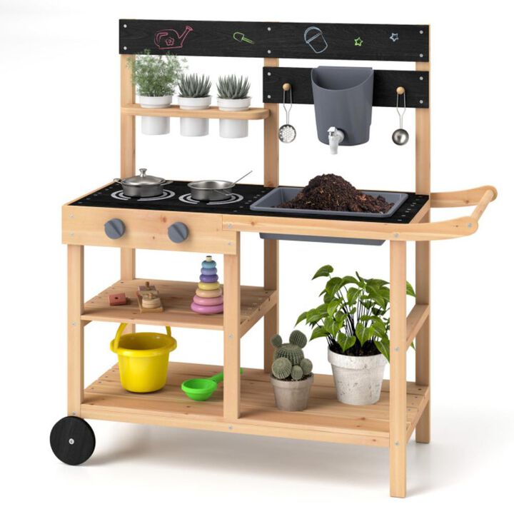 Hivvago Outdoor Fir Wood Play Kitchen with Blackboard and Planting Pots