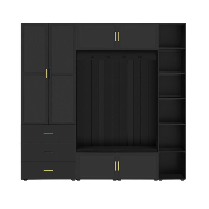 Merax Hall Tree with Cushioned Seating Bench, Decorative Hooks & Customizable Shelving