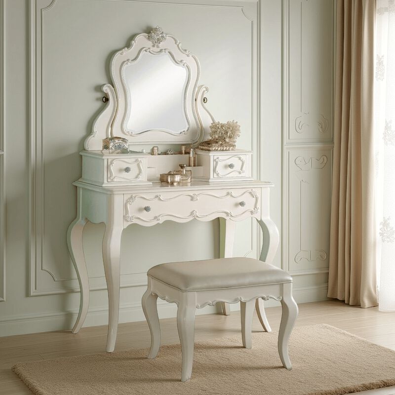 63 Inch Wood Classic Vanity Desk with Mirror, 3 Drawers, Carved, White