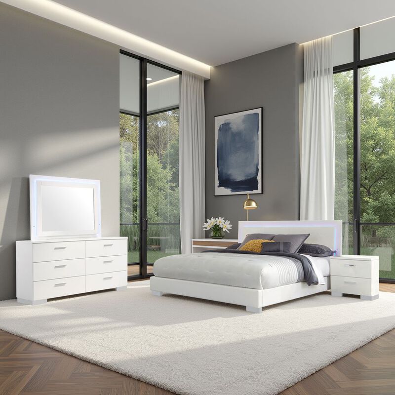 Sok 4pc Queen Bedroom Set, Faux Leather, Blue LED Lights, White Wood