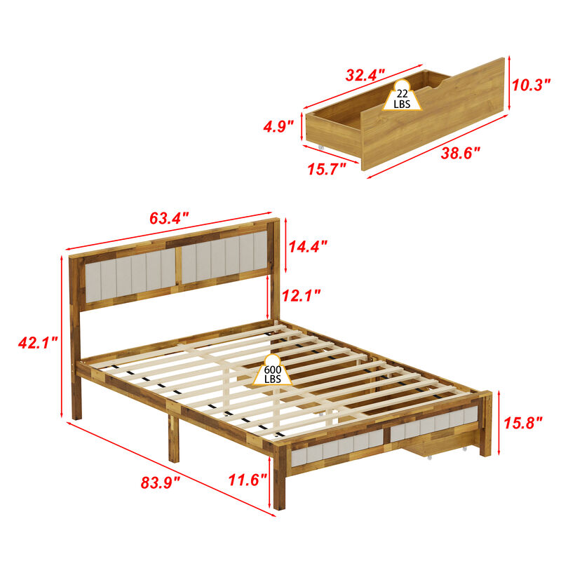 FUFU&GAGA Solid Wood Upholstered Bed with Storage Drawers, Acacia Wood Frame & Gray Linen Headboard, One-Side Drawer Design, (84 in. W x 63.5 in. D x 41.7 in. H), Wood Tone & Natural Finish