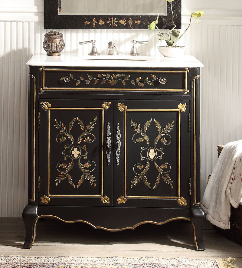 32 Inch Black Hand-Painted Floral Motif Decoroso Bathroom Vanity image number 3
