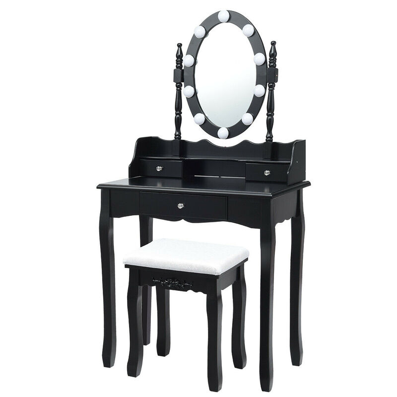Vanity Set with Oval LED Mirror, 10 Dimmable Bulbs & 3 Drawers