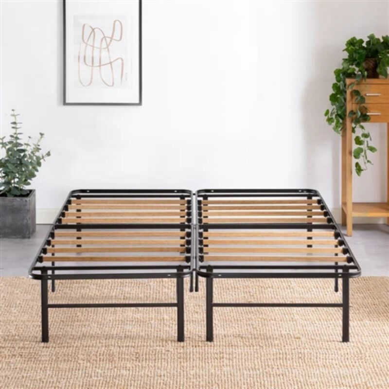 Metal Bed Frame with Wicker Accents and Wood Slats for Supportive Sleep