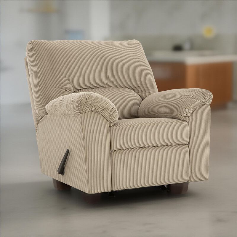 Simy Rocker Recliner Chair, Pillow Top Arms, Cream White Corduroy - Benzara
