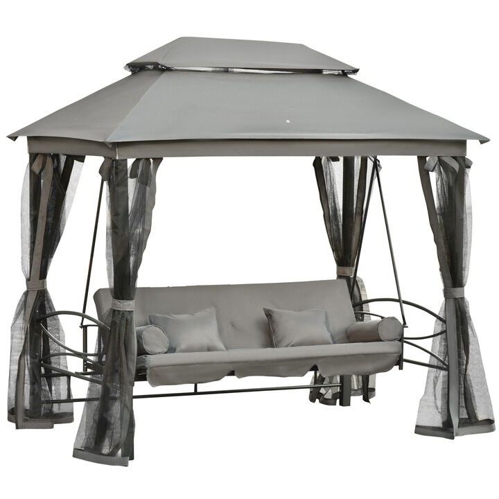 Outsunny 3-Seat Patio Swing Chair, Outdoor Gazebo Swing with Double Tier Canopy, Mesh Sidewalls, Cushioned Seat and Pillows, Beige