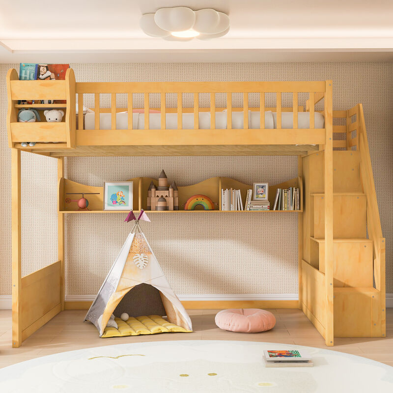 Merax Natural Wood Loft Bed with Storage Stair Wardrobe image number 3
