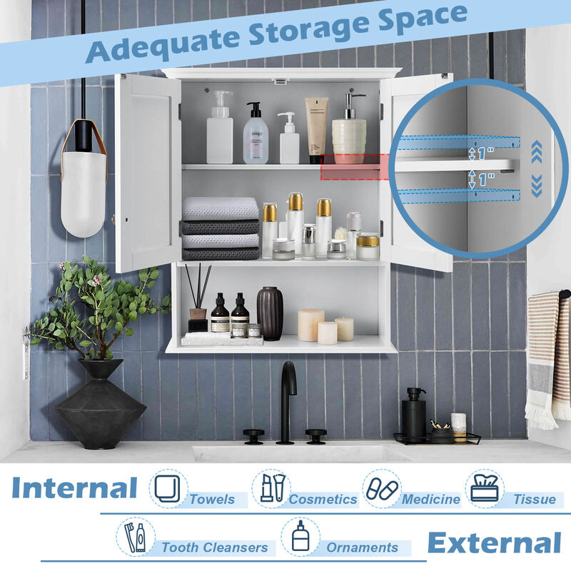 Wall Hanging Bathroom Cabinet with Enclosed Storage and Open Shelves