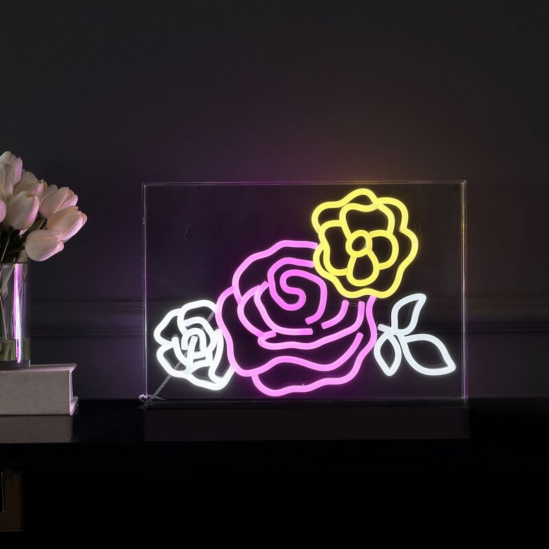 Crowd Of Roses 15" X 10.3" Contemporary Glam Acrylic Box USB Operated LED Neon Light